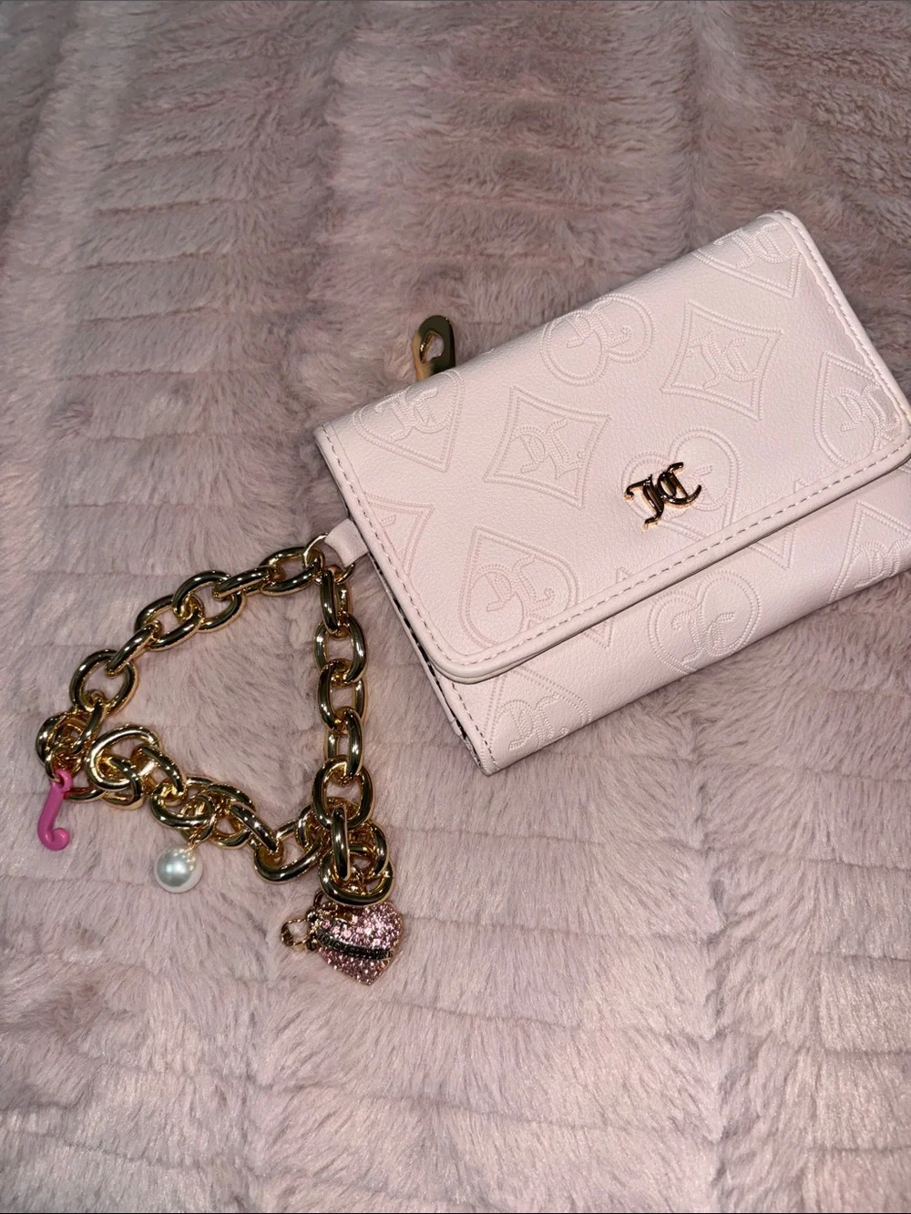 Juicy Couture Pale Pink Embossed Wallet with Gold Chain Charm